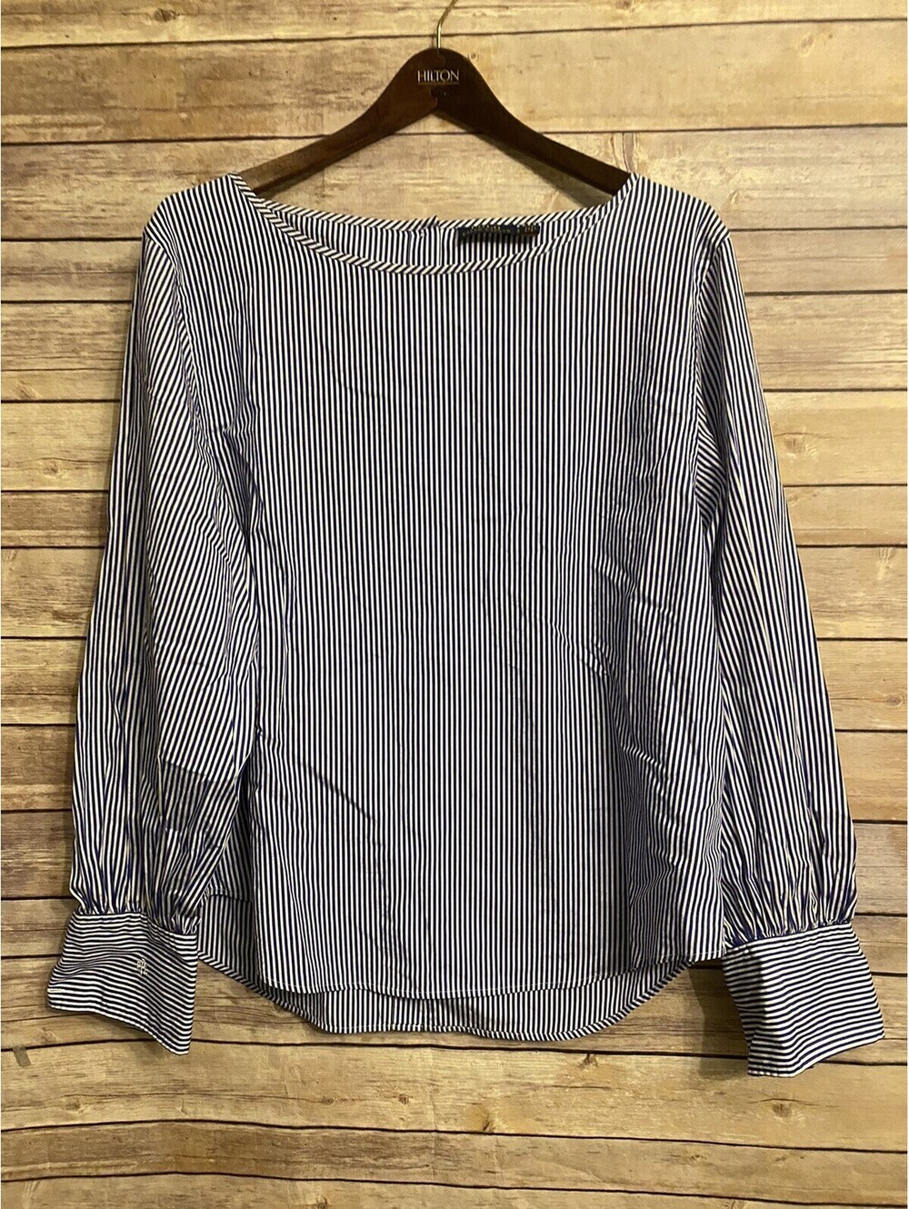 Ralph Lauren Blouse Navy Blue Striped Back Button Up Preppy Sz Large Classic